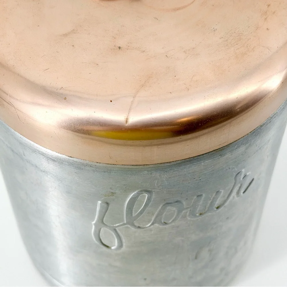 Vintage 50’s MCM Heller Hostess Ware Aluminum Canister Set 4pc Copper Lids Italy